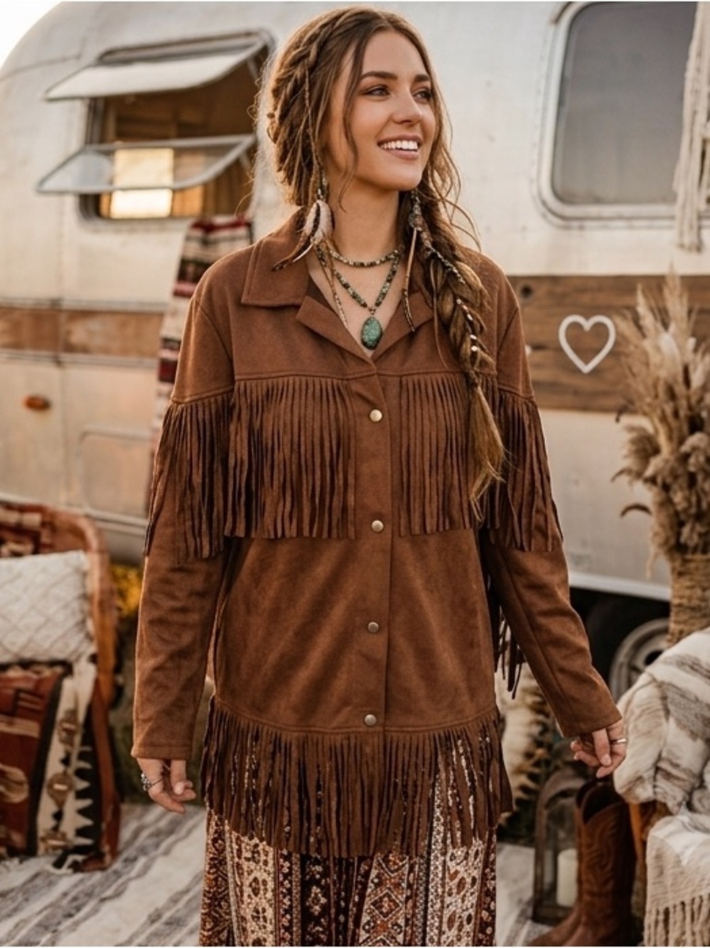 HYFVE Women Fringe Faux Suede Shacket Snap Buttons Sz M Boho Western Lightweight